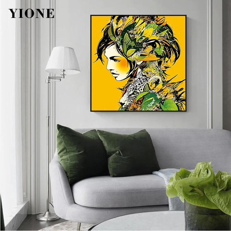 

Woman Leopard with Leaves Canvas Painting Custom Abstract Yellow Green Plant Girl Animal Poster Wall Picture Print Living Room