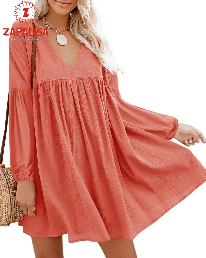 

Fashion Women Spring Autumn Solid Color Mini Dress Shrinkage Design V-Neck Long Sleeve Casual Loose Pullovers A-Line Dress