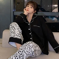 spring new pure cotton female homewear autumnwinter simple fashion leopard print patchwork color long sleeve women pajamas set