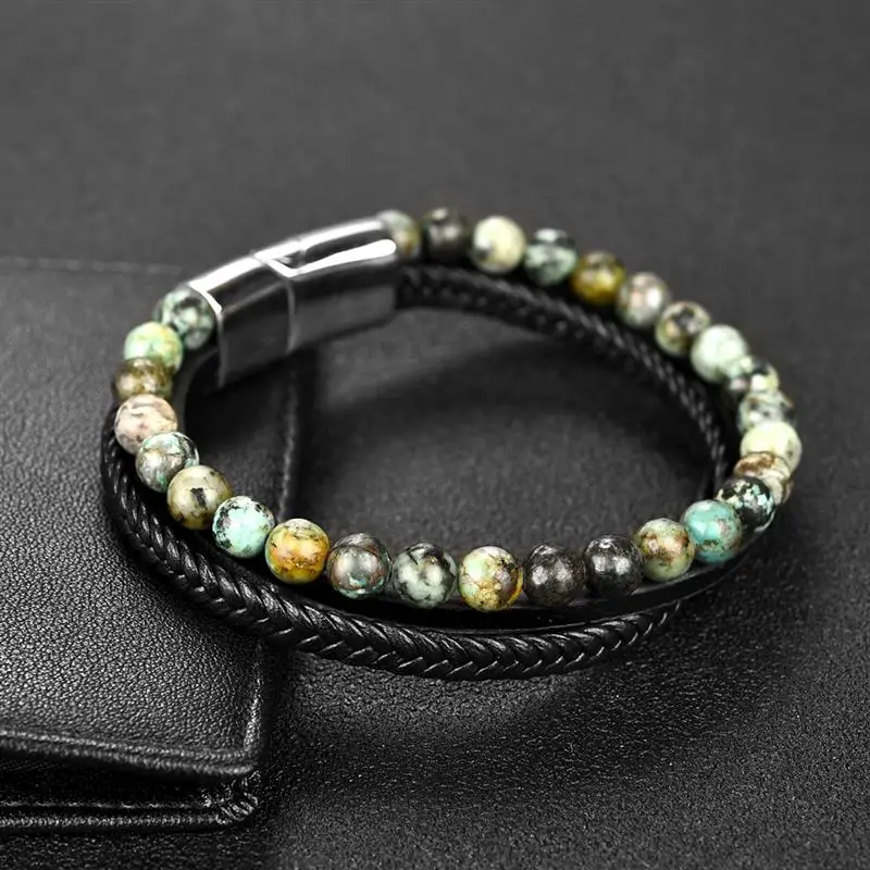 

Jiayiqi Men's Bracelets Natural Stone Multilayer Leather Braided Bracelet Green Beads Bangle Vintage Male Jewelry Wristband Gift