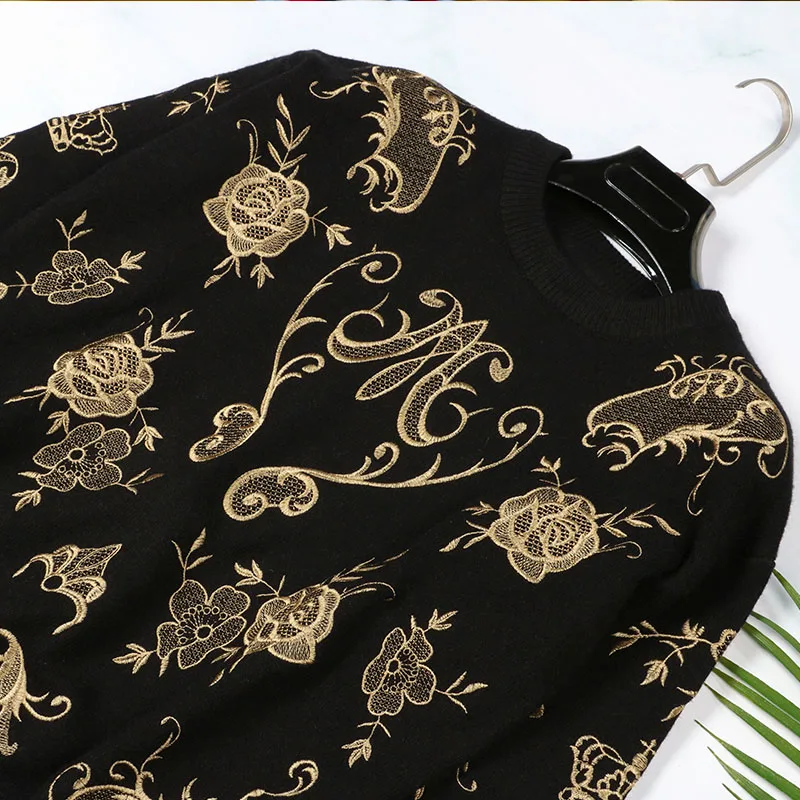 Vintage Autumn Winter 2020 Women Runway Designer Black Floral Embroidery Long Sleeve Knitted Sweaters Pullovers | Женская одежда