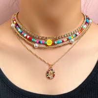 multilayer rainbow portrait flower happy face beaded necklace for women crystal choker punk chain necklace set y2k boho jewelry