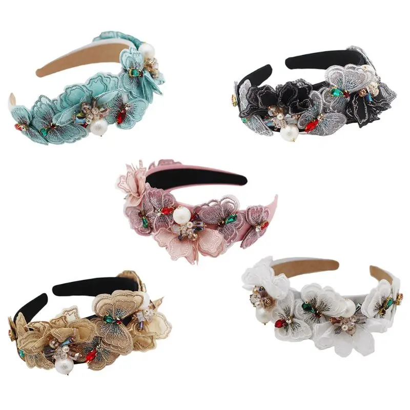

Women Sweet Multi Layered Embroidery Butterfly Headband Faux Pearl Rhinestone Embellished Hair Hoop Dance Party Headwear