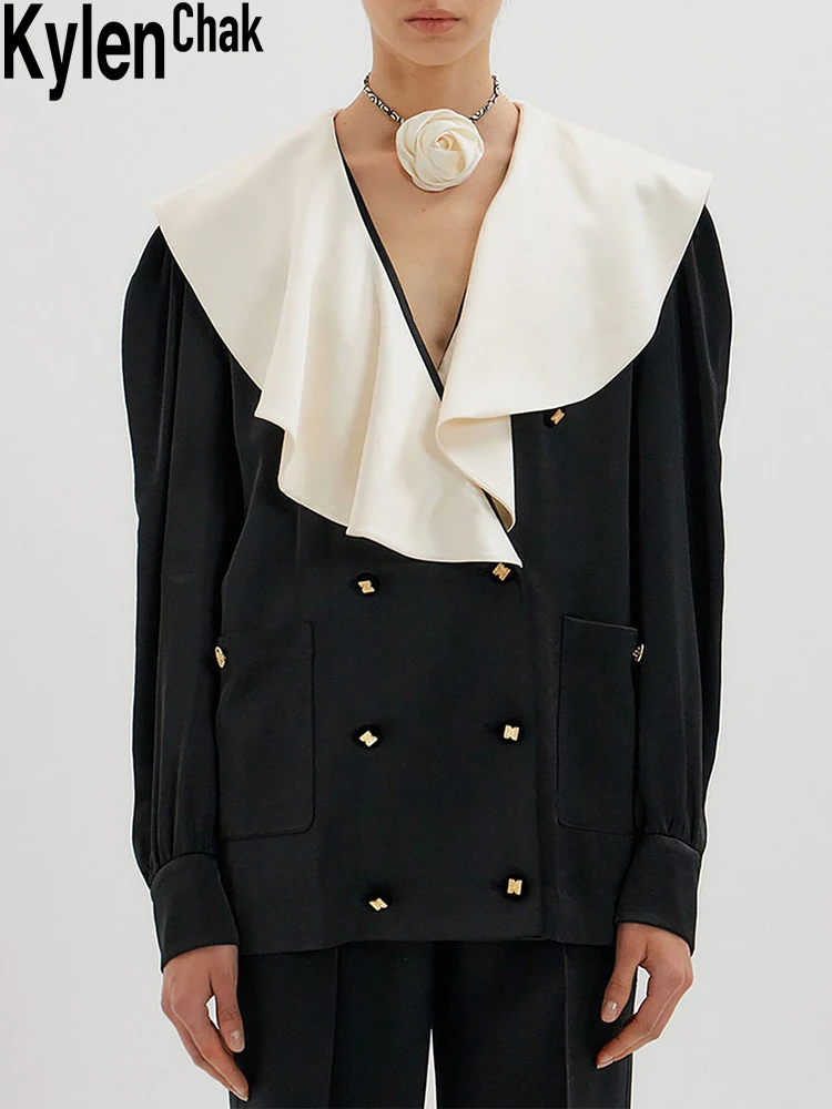 

Retro Ruffled Large Lapel Color Block Satin Double-Breasted Shirt Loose Long Blouse Autumn 2021 Women Clothing Streetwear Korea