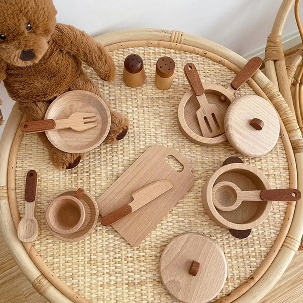 

Children's Wooden Kitchen Toy Set Play House Eagerly Gift Simulation Miniature Toy Tableware Parent-child Mini Fun Educatio Q0B7