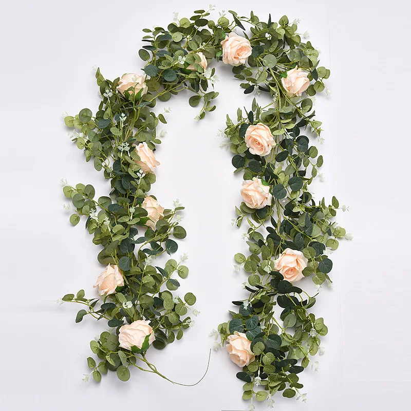 Hoja de eucalipto, vid Rosa Artificial, flor rosa, hojas de eucalipto, vid, camino de boda, plomo, decoraci&oacute;n de la habitaci&oacute;n, est&eacute;tica-3