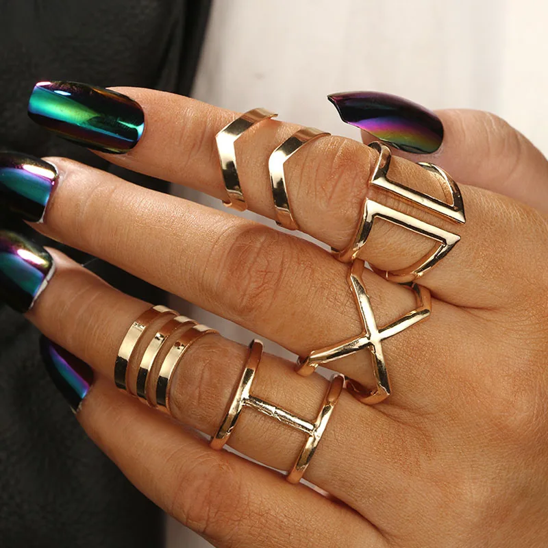 

5Pcs/set Punk Gold Round Hollow Geometric Rings Set for Women Girls Fashion Cross Twist Open Joint Ring 2021 Female Jewelry Gift