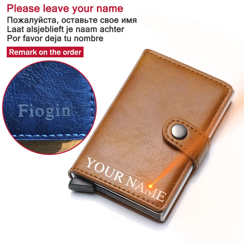 leave your name Мужской кредитный держатель для карт на застежке, RFID Блокировка, кожзам, металл, мужские кошельки, мини ID карта, алюминиевый кошелек, унисекс, держатель для карт, автоматический - Цвет: leave your name