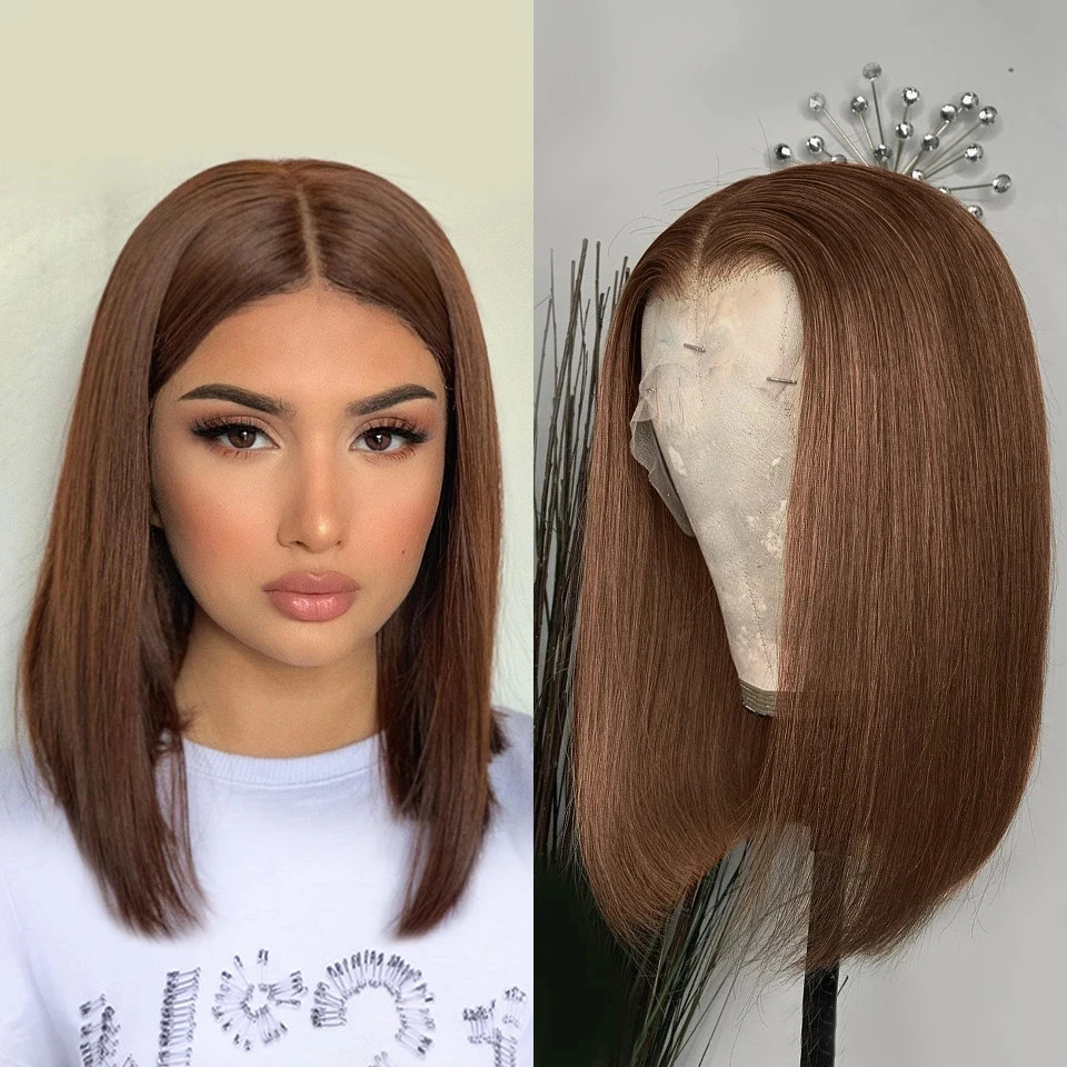 

Bob Wig Chocolate Brown Straight Synthetic Lace Front Wig Middle Part Cut Preplucked Heat ResistanT With Baby Hair Daily/Cosplay