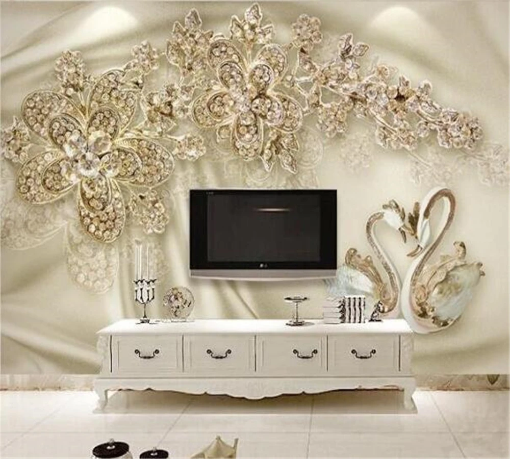 

Beibehang новые обои 3D роспись Гостиная Спальня пользовательские модные золотые драгоценные камни цветы Лебедь шелк европейские обои фон