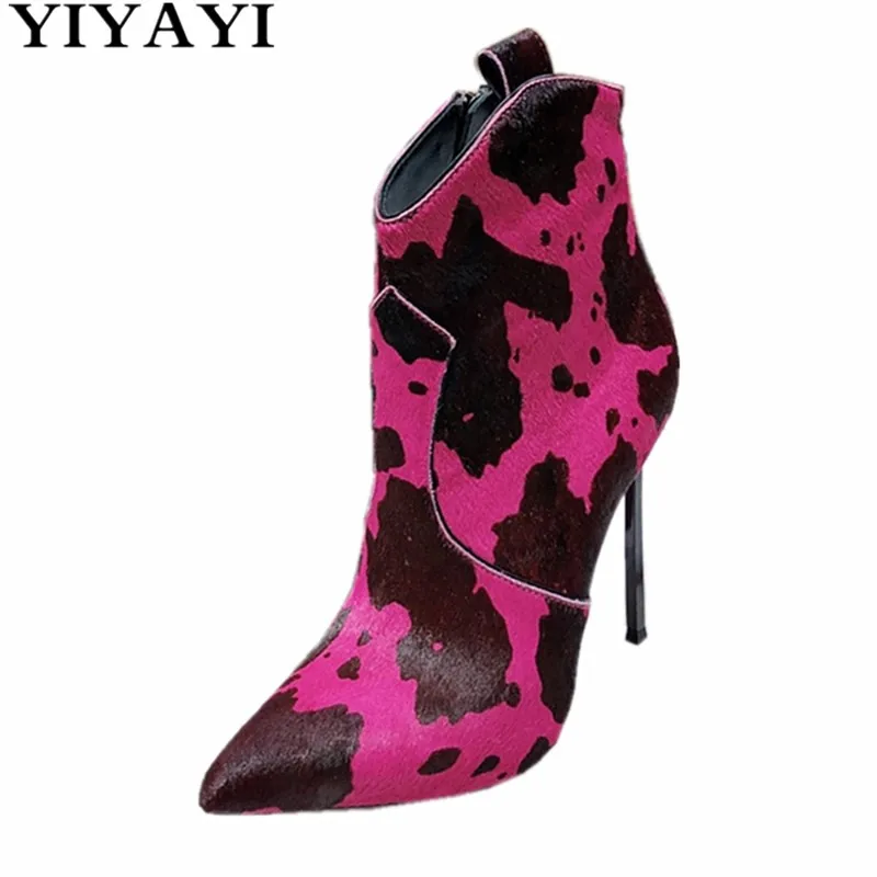 Зеленые ботинки из меха пони женские на очень высоком каблуке с леопардовым