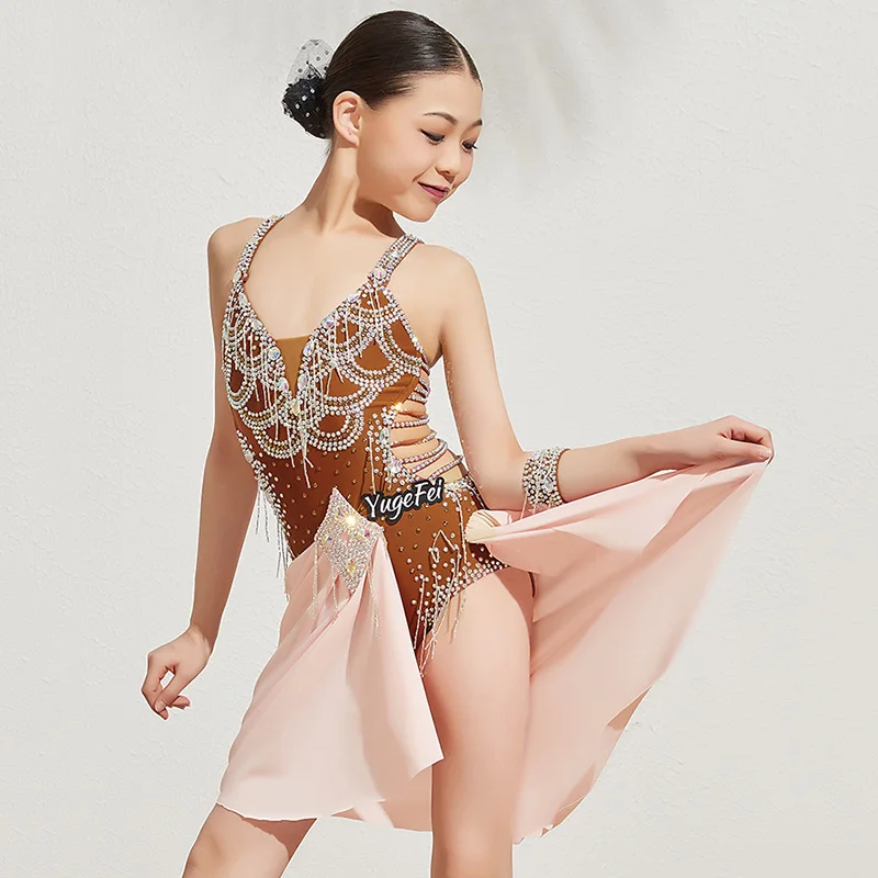 2020 Latin Dance Dress Girls Customized Competition Clothes Professional Diamond Backless Dresses Cha Cha Rumba Samba Wear
