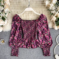 womens autumn retro blouse square collar elastic slim short puff sleeve top new holiday style floral shirts female blusa pl519