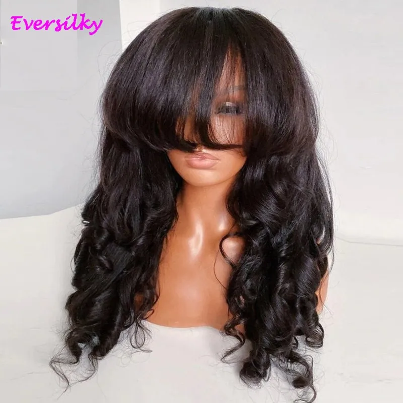 

Bangs Yaki Straight Wavy 13X6 Lace Front Human Hair Wigs 360 Frontal Wig for Black Women Pre Plucked Fringe Remy 250% Density
