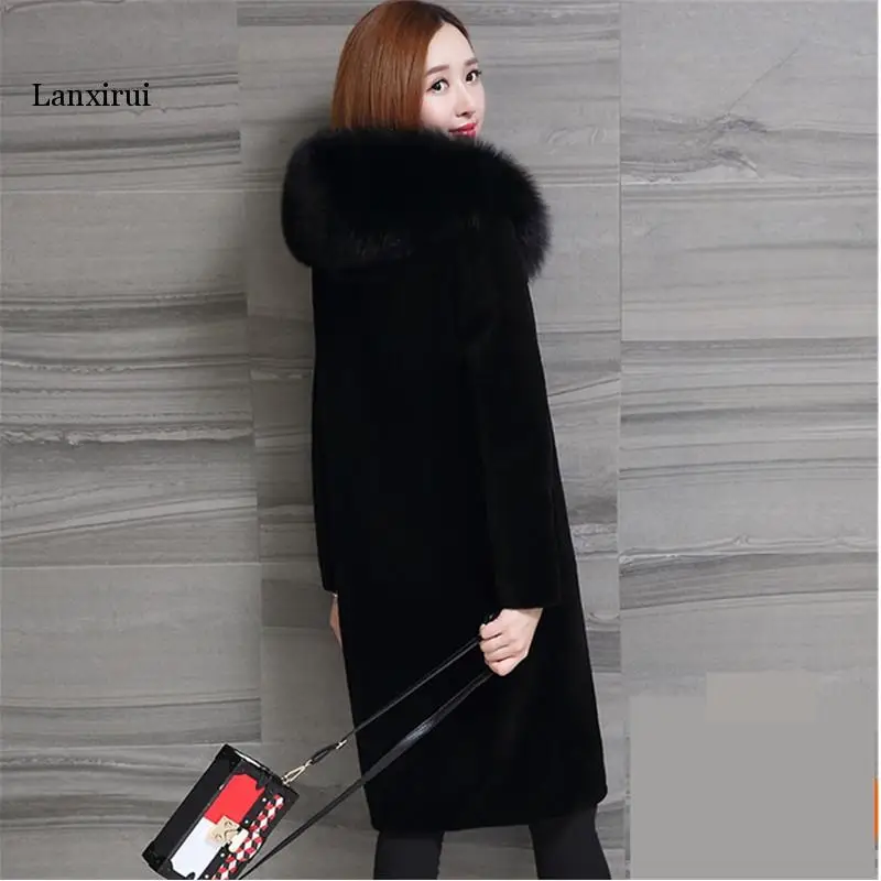 Новинка, длинное пальто из искусственного меха большого размера, Женское пальто из искусственного лисьего меха с капюшоном, зимнее пальто с мехом черного цвета, верхняя одежда больших размеров