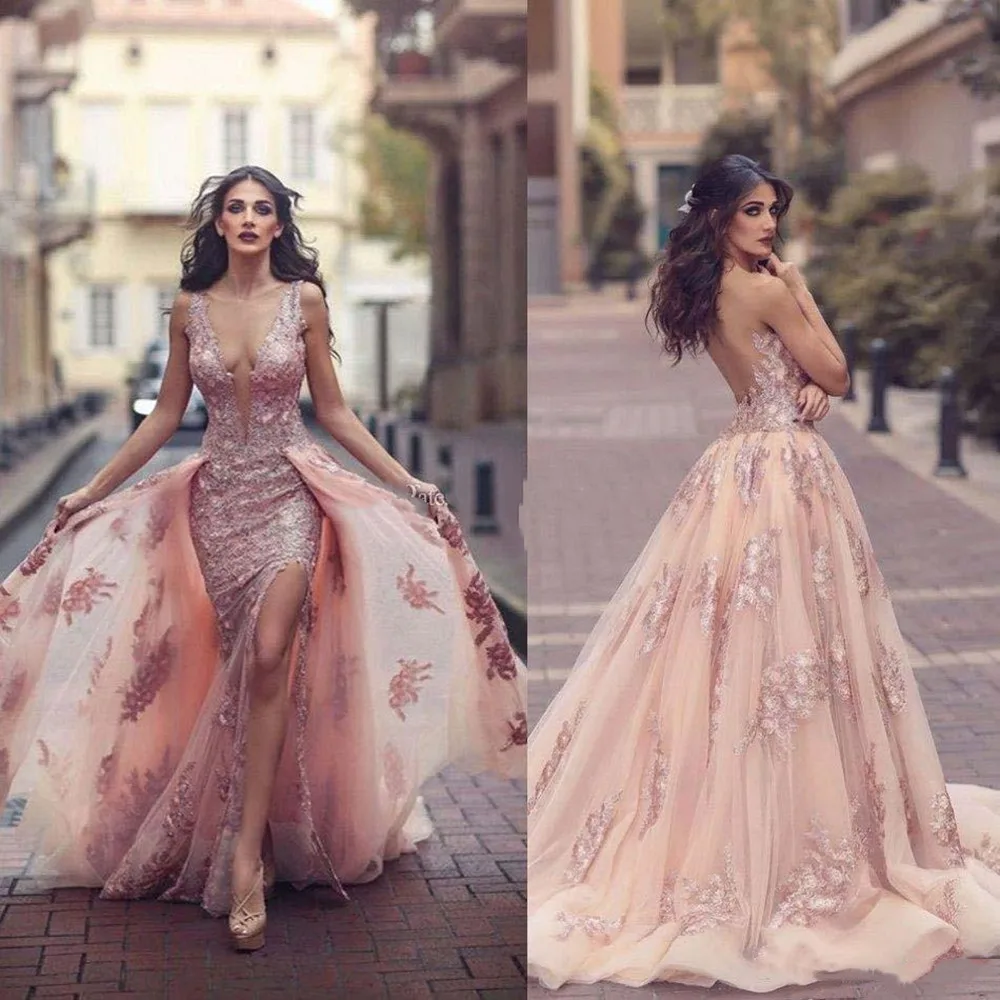 

Sexy Mermaid Side Split Evening Dresses Backless Plunging Neckline Lace Applique Middle East Prom Gowns With Detachable Train