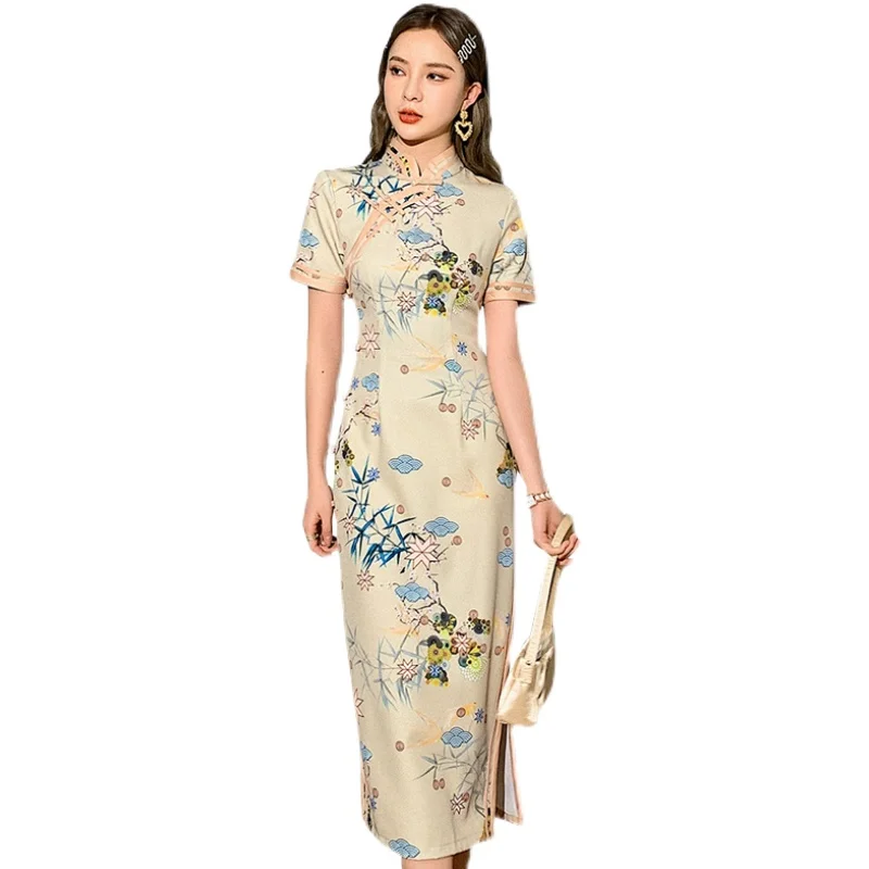

COIGARSAM Sexy Print Women dress New Summer Cheongsam High Waist Dresses Design And Color 872