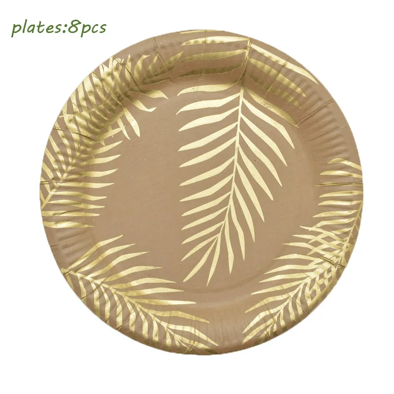 Бумажные тарелки с тропическими пальмовыми листьями из золотой фольги