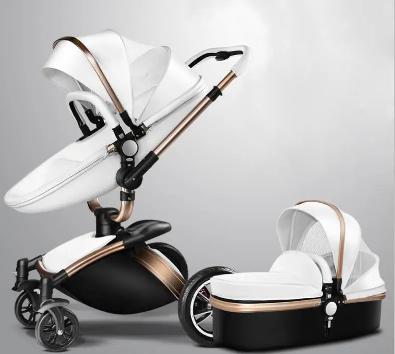White two in one PU детская коляска прогулочная коляска сложенная детская коляска 3 в 1 коляска для 0-36 месяцев детская тележка - Цвет: White two in one