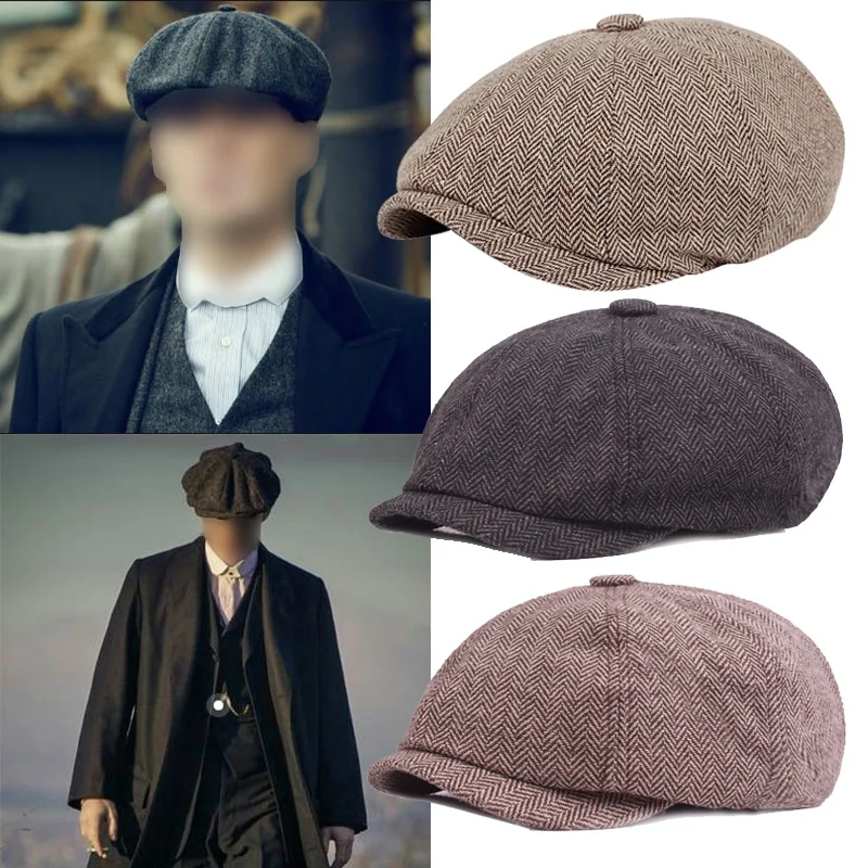 

Men Beret Vintage Herringbone Gatsby Tweed Peaky Blinders Hat Newsboy Beret Hat Spring Winter Flat Peaked Beret Hats