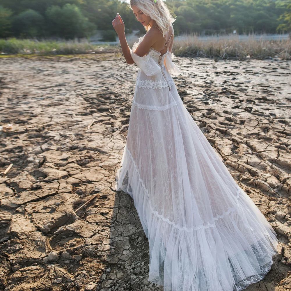 

Vestidos Charming Wedding Dresses Appliques V-Neck Half Sleeve Lace Up A-Line Bridal Gowns 2021 Fashion