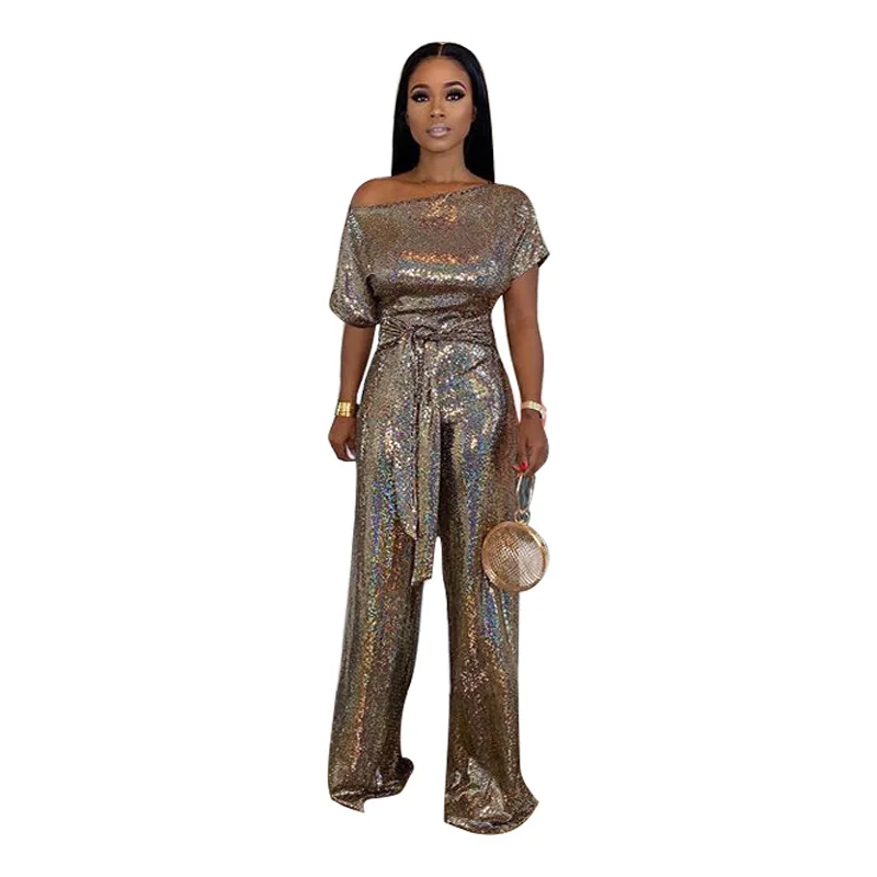 Women's Short-sleeved Party Evening Set Noble Elegant Sequin Overalls Belted Jumpsuit Banquet Romper Costume Shiny Jumpsuit