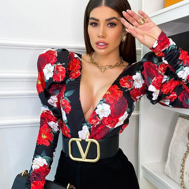 

Floral Print Bodysuit Women Sexy Deep V-Neck Long Sleeve Rompers Fashion Women Red Slim Patchwork Black Women Playsuit