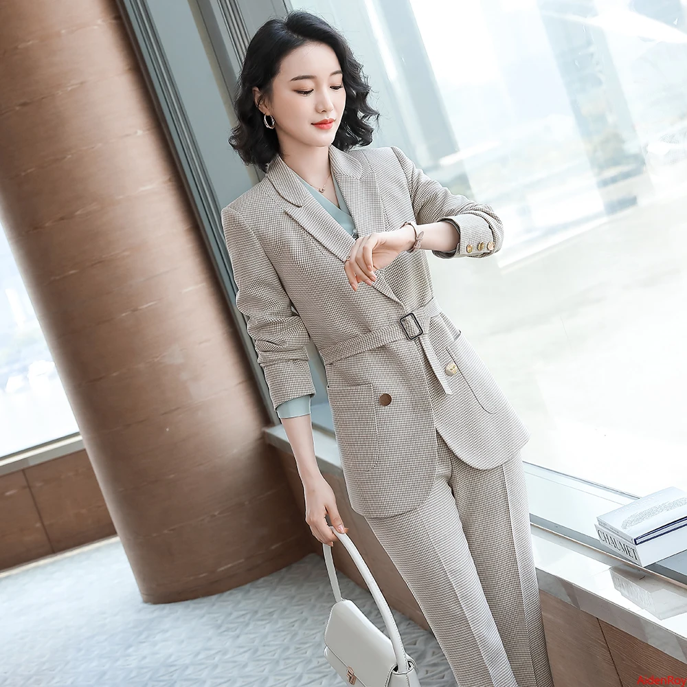 

2020 Gray Apricot Plaid Formal Blazer Women Pant Suit Long Sleeve Jacket Ladies Business Clothes Work Wear 2 Pieces Suits Sets