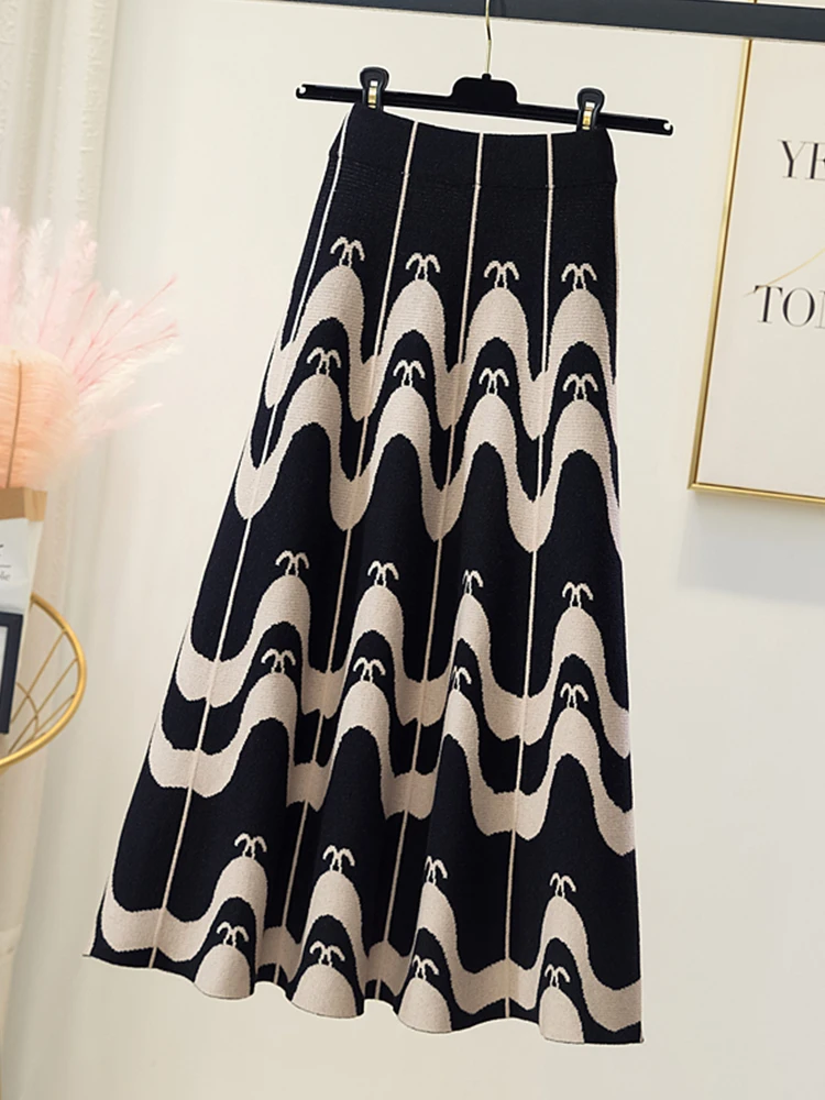 

TIGENA Unique Print Knitted Midi Skirt For Women 2021 Fall Winter Vintage Striped A Line High Waist Long Skirt Female Ladies