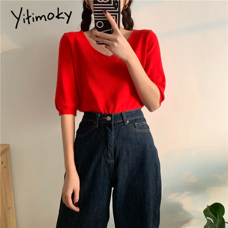 Женский трикотажный свитер с коротким рукавом и V-образным вырезом | Женская