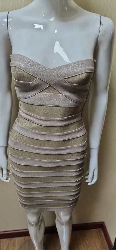 

Top Quality Khaki Strapless Striped Bodycon Bandage Dress Cute Homecoming Party Dress