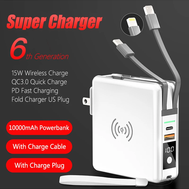 

6in1 Wireless Charger Power Bank Mobile Phone QC3.0 PD 18W Quick Charging for iPhone Samsung Xiaomi Type C USB Cable Powerbank