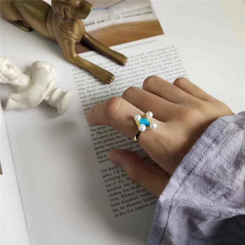 RUIYI Real 925 Sterling Silver New Macaroon Blue rhombus Pearl Rings Women Fashion Korean Style 18K Gold Plated Chic Niche | Украшения и