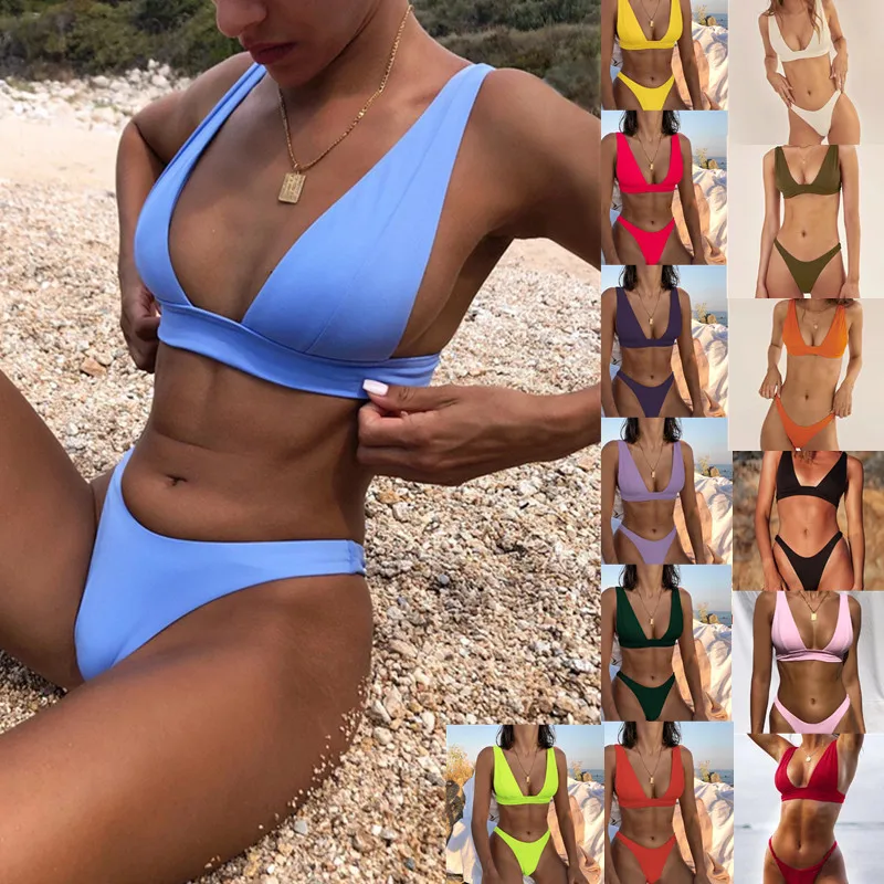 

Plus Size Bikini 2021 Swimsuit Solid Color Bikini Set Swimwear Sexy Biquini Bathing Suit Women Bikinis String Beach
