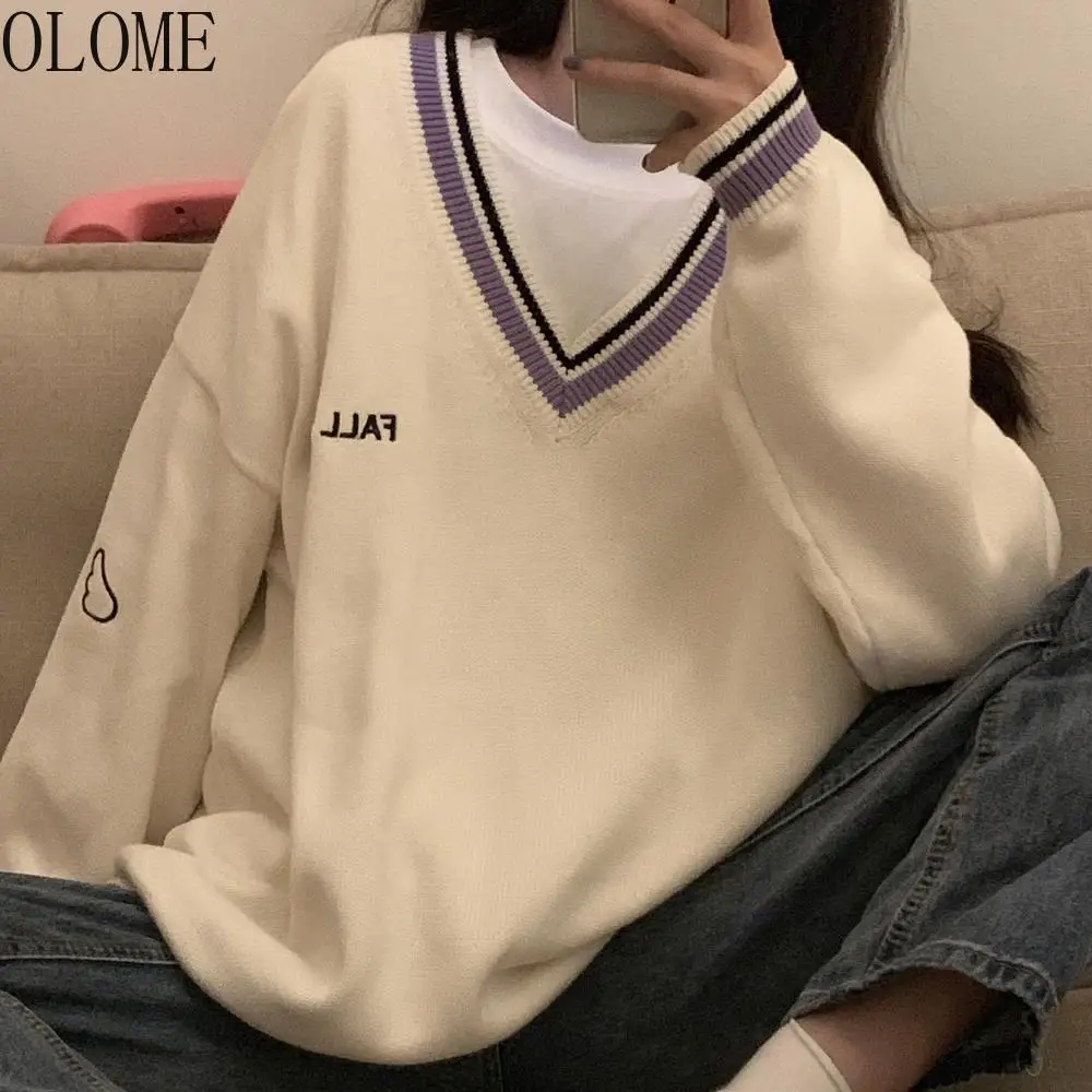 

OLOME Sweaters Women Letter Chic Vintage V-neck Daily Oversize Preppy Girls Knitwear Fall Casual All-match Ins Womens Sweater