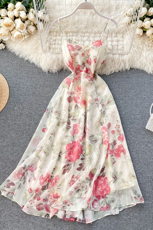

floral beach dress 2020 fashion womens clothing sweet sexy backless Spaghetti Strap Print A-Line Chiffon Summer dress women