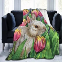 daffodils and rabbits printed ultra soft lightweight cozy warm microfiber fuzzy blanket micro fleece blanket