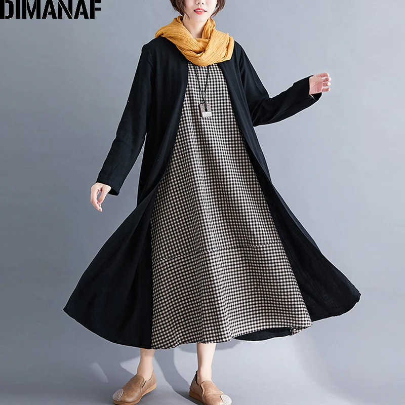Женское платье в клетку DIMANAF винтажное из хлопка и льна черного цвета с