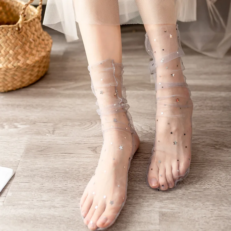 

Yeeloca Transparent Mesh Socks Girls Summer Sexy Fashion Thin Pure Fairy Socks Sequin Star Middle Tube Pile Socks 1 Pair