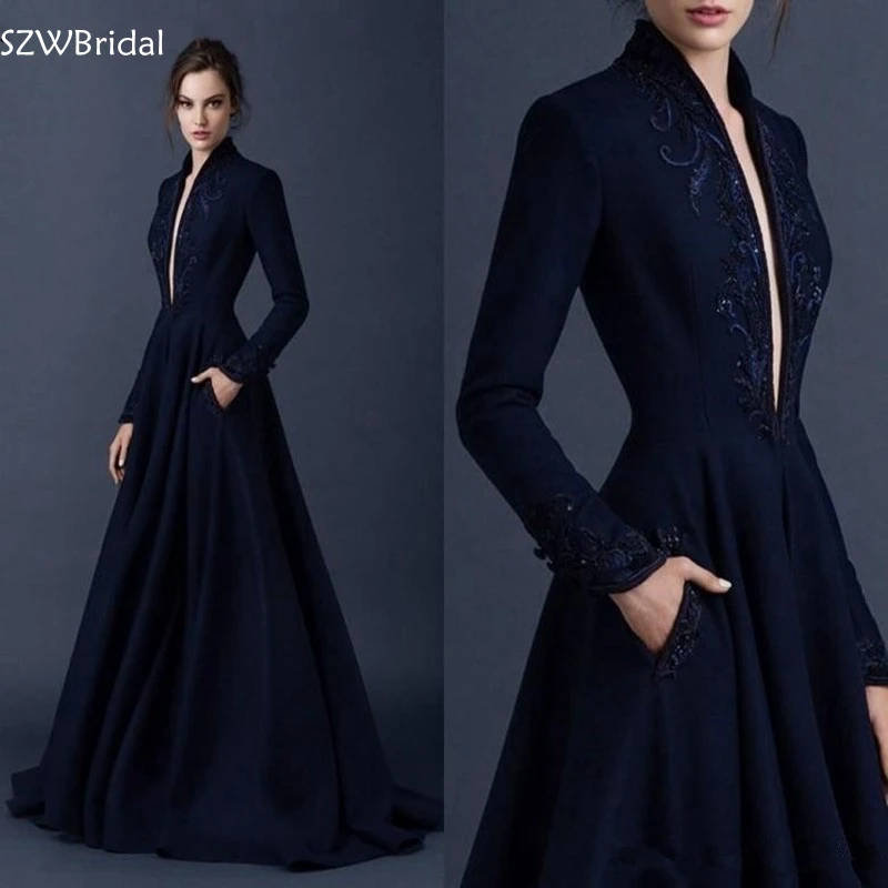 

Женское вечернее платье с длинным рукавом, темно-синее платье с V-образным вырезом, бальное платье для выпускного вечера Abiye gece elbisesi Dubai вечер...
