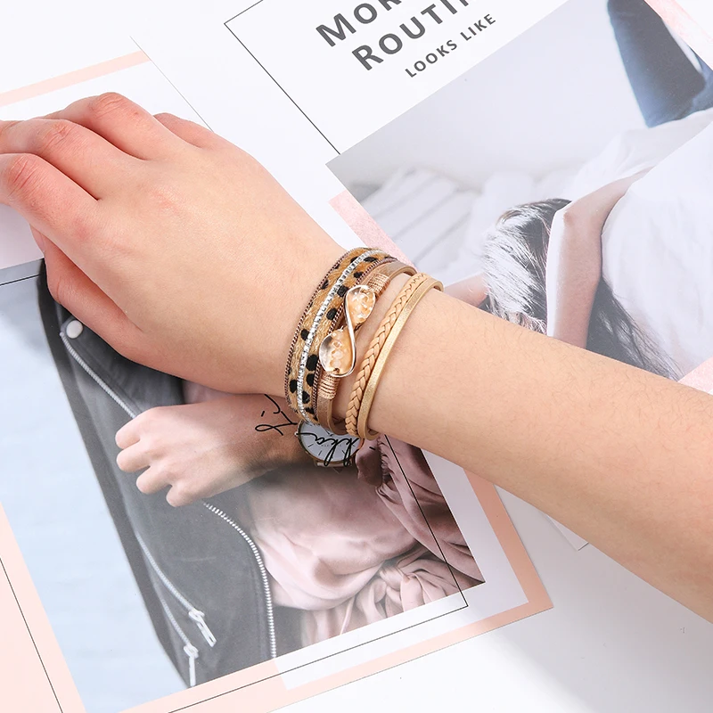 ZG кожаный плетеный браслет цвета хаки для женщин с животным мехом и кристаллами