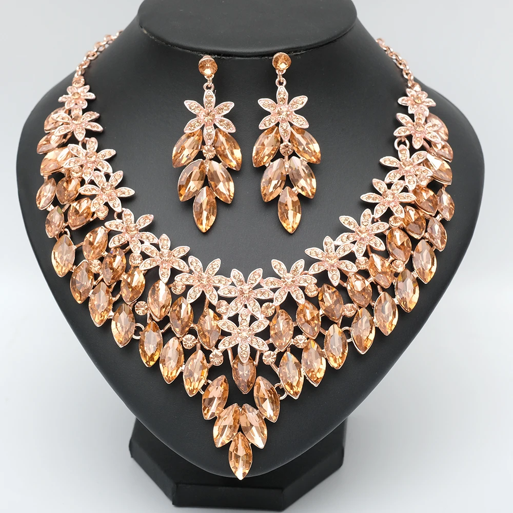 Luxury Indian Statement Chunky Bib Necklaces Earrings Rose Gold Color Wedding Costume Jewelry Sets Accessories for Women Gift