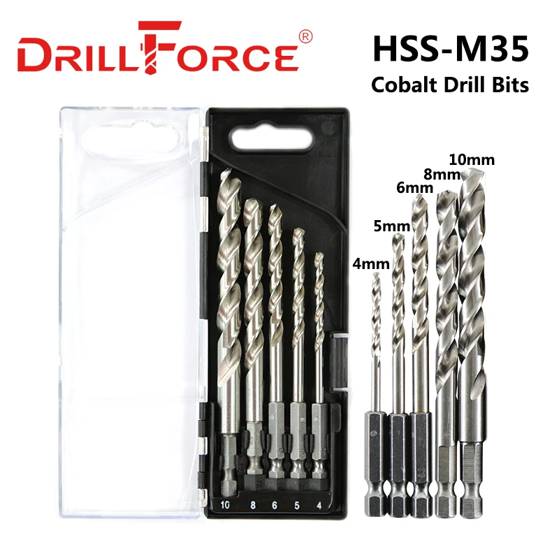 Drillforce 5 шт. кобальтовые сверла из быстрорежущей стали M35 спиральные для сверления