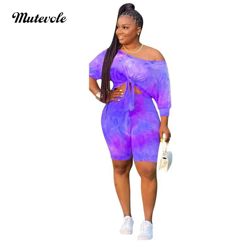 Mutevole Sexy Slash Neck Two Piece Party Set Women Casual Summer 2 Short Outfits Plus Size Bandage Crop Top Print 2pcs |