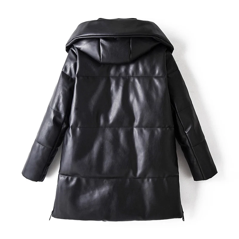 Lady Pu Leather Midi Long Hooded Tops Winter Casual Faux Leather Black Coat Women Long Sleeve Thick Warm Jacket