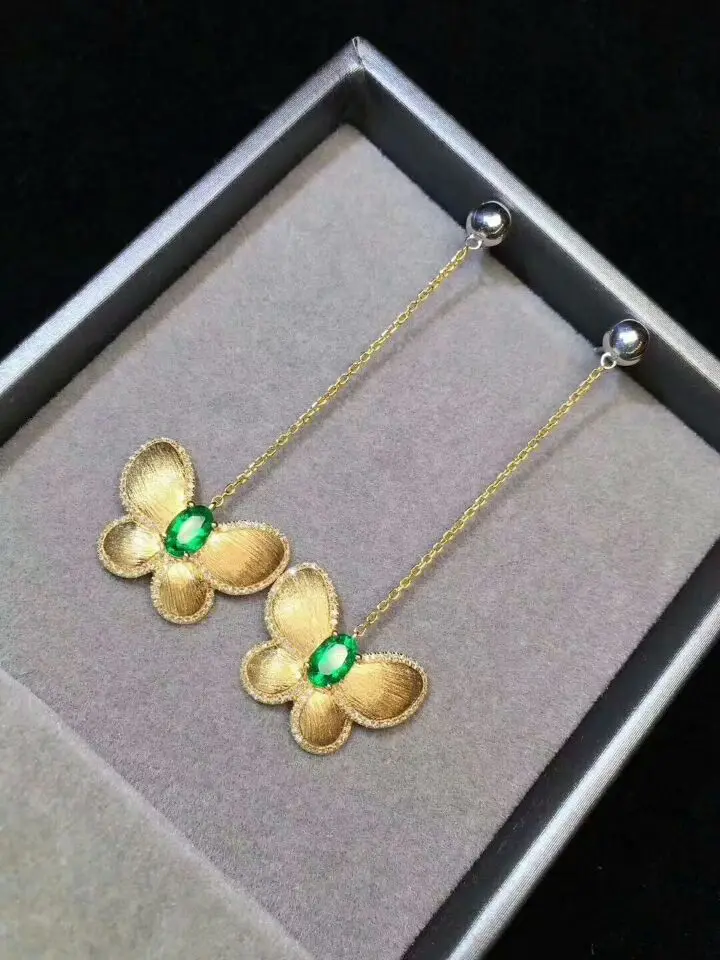 MeiBaPJ серьги-подвески с натуральными изумрудными камнями Бабочка Настоящее