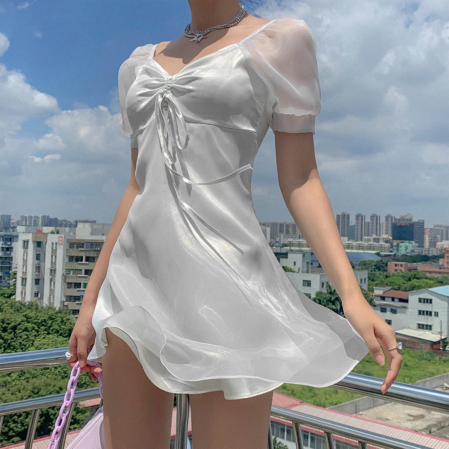 

Summer Sexy Low Chest V Neck Casual Deress Women Elegant Lace Dress Fashion Lady Solid Mini Dress 2021 New