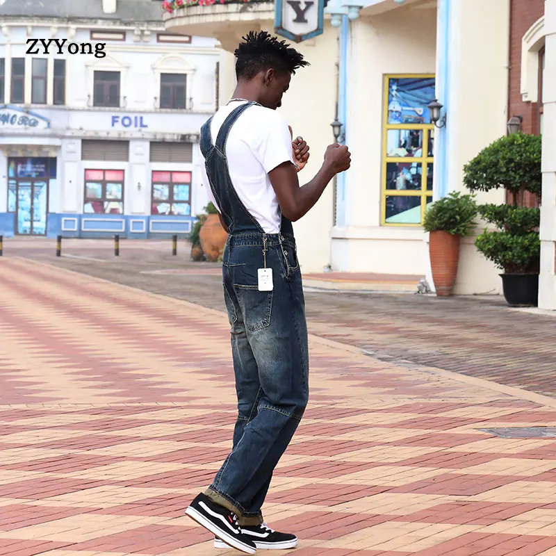 2020 New Fashion man Casual Loose Pocket Overalls Comfortabele Denim Jumpsuits Bib pants jeans baggy Jeans Man Blauw Broek