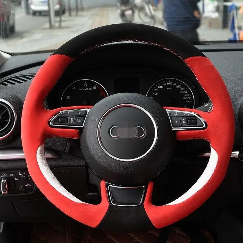 

Hand-stitched Black Red Suede White Leather Steering Wheel Cover for Audi A3 A5