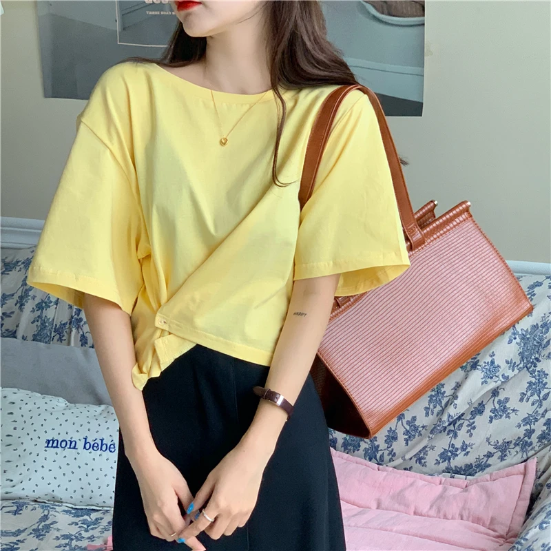 

Irregular Button Short Sleeve 2021 Summer New T-shirt Women's Design Sense Niche Short Top with High-Waisted Trousers